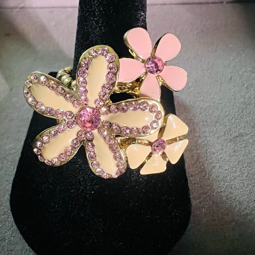 Vintage Gold Tone Pink Floral Enamel Simulated Crystal Stretch Cocktail Ring 7